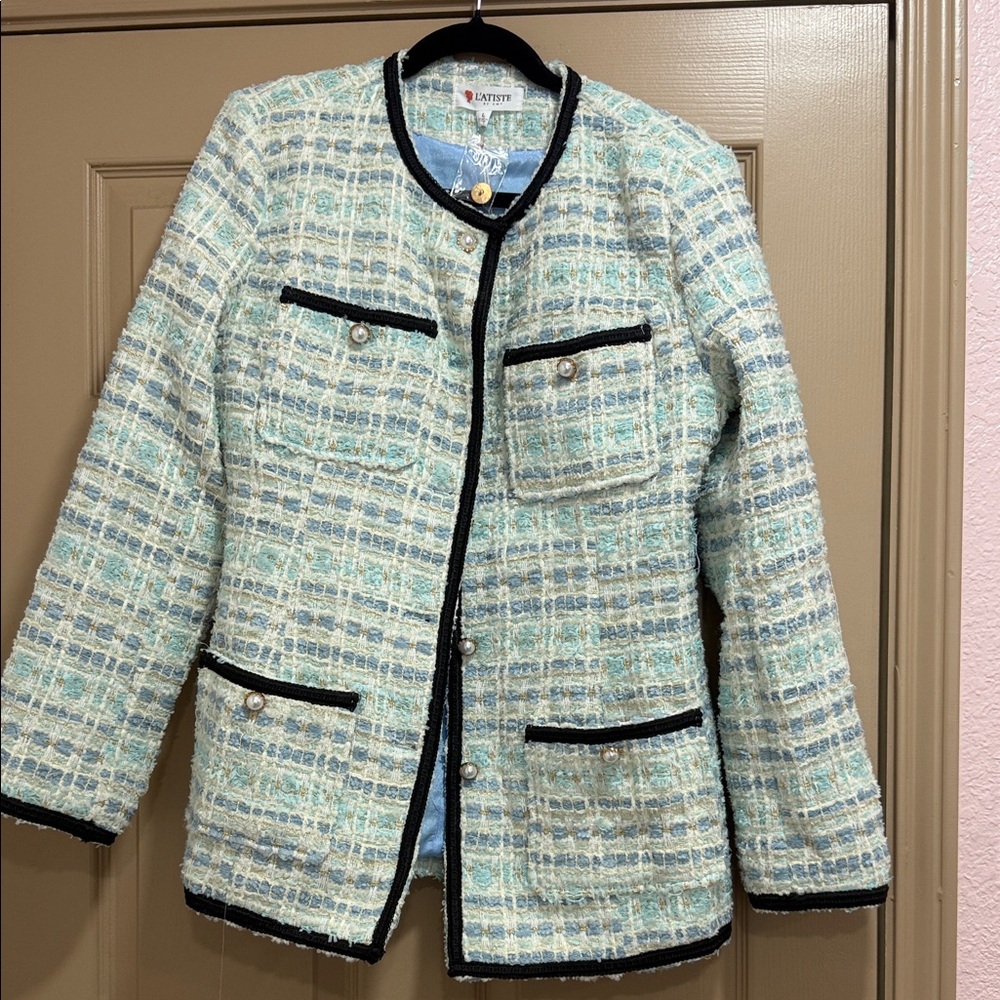L'ATISTE Blue Tweed Jacket with Black Accents